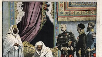Abdication of Sultan Mulay Abdelhafid of Morocco (1875-1937), on 12 August 1912, Frontpage of French newspaper Le Petit Journal, August 25, 1912, Private Collection, (Photo by Leemage/UIG via Getty Images)