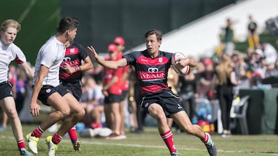 Dubai College first team, in red and black, won the Gulf U19s title at the Dubai Rugby Sevens in 2018, beating he school's second-string side in the final.