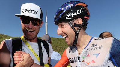 Israel-Premier Tech's Canadian rider Michael Woods celebrates after winning the 9th stage of Tour de France on July 9, 2023. AFP