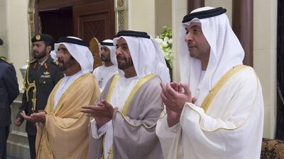 From right: Sheikh Hazza bin Zayed, National Security Advisor and Vice Chairman of the Abu Dhabi Executive Council, Sheikh Suroor bin Mohammed, and Sheikh Saif bin Mohammed, at a reception for King Mohammed VI. Rashed Al Mansoori / Crown Prince Court - Abu Dhabi