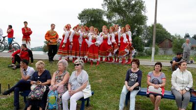 People attend the party to mark Lionel Messi's birthday near the Argentina training camp base at the 2018 World Cup in Bronnitsy, Russia. AP