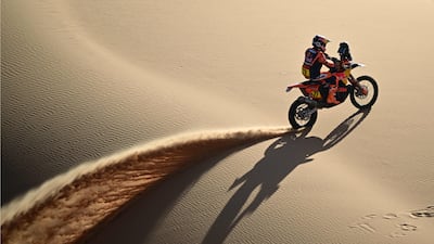 Argentine rider Luciano Benavides competes with a Ktm 450 Rally Factory compete in the Stage 6 of the 48th edition of the Dakar Rally 2026, between Hail and Riyadh, Saudi Arabia. AFP