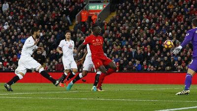 Liverpool’s Sadio Mane scores their fifth goal. Phil Noble / Reuters