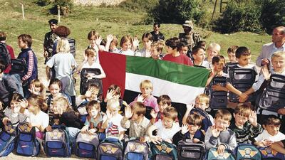 Kosovar children receive back to school kits and backpacks. Courtesy: Maj Gen Obaid Al Ketbi