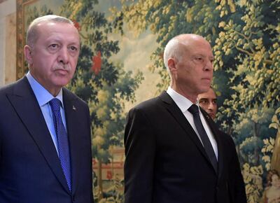 Mr Saied, right and Mr Erdogan at the presidential palace in Carthage, east of the capital Tunis. AFP