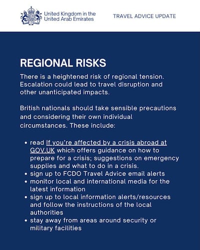 The UK has issued advice for its citizens in the UAE. Photo: British Embassy in the UAE