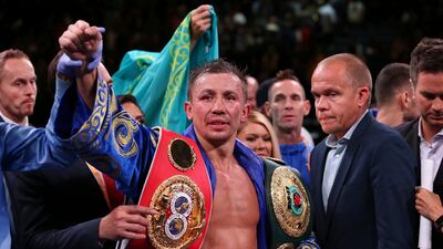 Gennadiy Golovkin raises his arm after defeating Sergiy Derevyanchenko by decision in their IBF middleweight championship title bout at Madison Square Garden. AP Photo