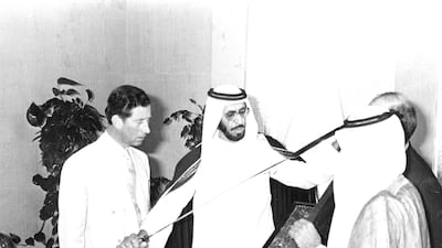Left to right, HRH Prince Charles, HE Saeed bin Ahmed Al Otaiba, unidentified men. (Courtesy Al Ittihad)