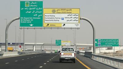 Expo 2020 signs to take visitors to the site in Dubai South. Pawan Singh / The National.
