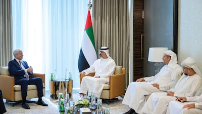 Sheikh Khaled bin Mohamed, Crown Prince of Abu Dhabi and chairman of the Abu Dhabi Executive Council, during a meeting with JP Morgan Chase chairman and chief executive Jamie Dimon in Abu Dhabi. Photo: Abu Dhabi Media Office