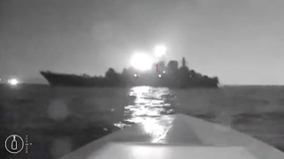 Footage taken from a sea drone as it attacked the 'Olenegorsky Gornyak' near the port of Novorossiysk on Friday. Reuters