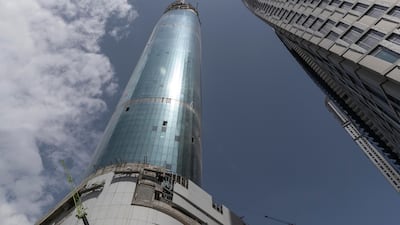 An exterior view of the partially finished tower