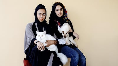 The sisters Iman, left, and Allaa Ahmed Al Aulaqi plan to open Ailuromania Cafe – where visitors can play with cats while enjoying snacks and coffee – by the end of the month. Photos by Rebecca Rees for The National