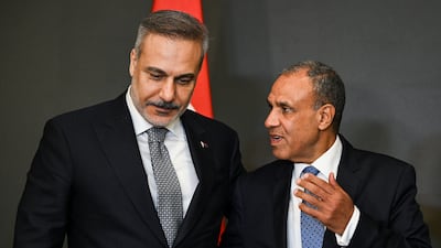 Turkish Foreign Minister Hakan Fidan, left, and Egyptian Foreign Minister Badr Abdelatty in Alamein, Egypt. EPA