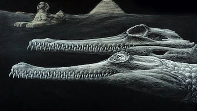 A rendering of the extinct Herugavialis cairensis, shown alongside the Great Sphinx and pyramids. Photo: Karim Zanaty