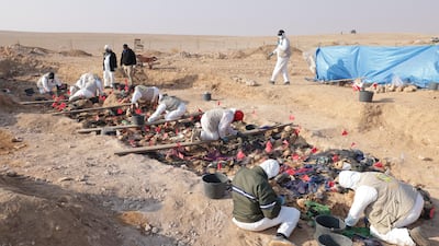 Crime scene investigators remove human remains from a mass grave in Al Muthana province, believed to be those of Kurds killed in a Saddam Hussein government crackdown on the group in 1987-1988. Photo: Iraqi President Office