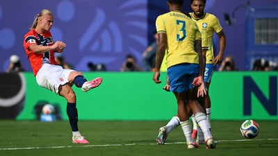 Erling Haaland scores his and Norway's second goal against Brazil. AFP