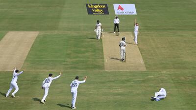 England pacer Gus Atkinson celebrates taking the wicket of Pakistan opener Saim Ayub. Getty Images