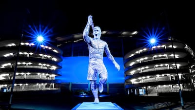 A statue of Manchester City legend Sergio Aguero, designed by sculptor Andy Scott, outside the Etihad Stadium. AP