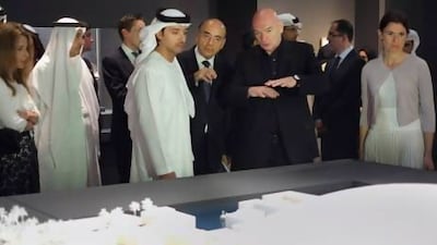 Sheikh Hazza bin Zayed, National Security Adviser and Vice Chairman of the Abu Dhabi Executive Council, opens the Birth of a Museum exhibition at Manarat Al Saadiyat, showcasing 130 artworks which will form part of the Louvre Abu Dhabi's permanent collection. Also present is the architect for the Abu Dhabi Louvre project, Jean Nouvel, and next to him on the far right, the French minister of culture, Aurelie Filippetti. Delores Johnson / The National