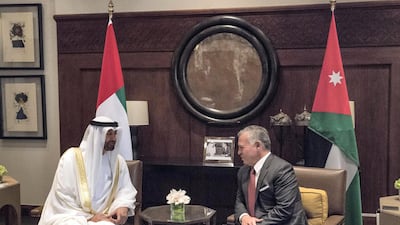 Sheikh Mohamed bin Zayed meets with King Abdullah at Al Husseiniya Palace. Hamad Al Kaabi / Ministry of Presidential Affairs