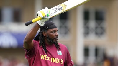 West Indies' Chris Gayle celebrates scoring half a century off just 33 balls. AP Photo