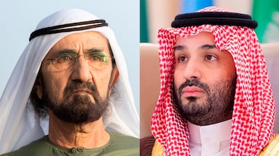 Sheikh Mohammed bin Rashid, Vice President and Ruler of Dubai, received condolences from Saudi Crown Prince Mohammed bin Salman. Photo: Dubai Media Office / AFP