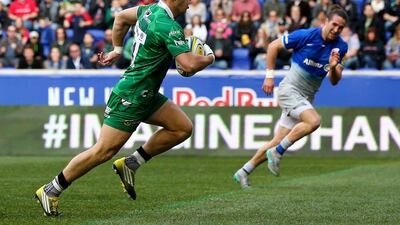 Alex Lewington of London Irish runs the ball in for a score in the first half against Saracens during the English Premiership match on March 12, 2016 at Red Bull Arena in Harrison, New Jersey. (Photo by Elsa/Getty Images)