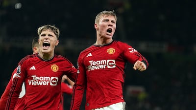 Manchester United's Rasmus Hojlund celebrates scoring their side's third goal of the game during the Premier League match at Old Trafford, Manchester. Picture date: Tuesday December 26, 2023. PA Photo. See PA story SOCCER Man Utd. Photo credit should read: Martin Rickett/PA Wire. RESTRICTIONS: EDITORIAL USE ONLY No use with unauthorised audio, video, data, fixture lists, club/league logos or "live" services. Online in-match use limited to 120 images, no video emulation. No use in betting, games or single club/league/player publications.