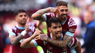 Manuel Lanzini of West Ham United celebrates with teammate Lucas Paqueta after scoring the third goal. Getty