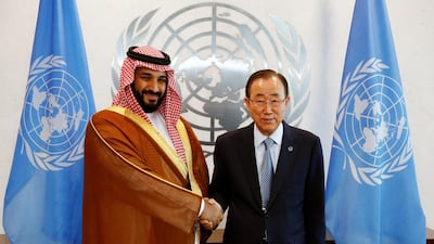 Saudi Arabia's deputy crown prince, Mohammed bin Salman, left, greets UN Secretary-General Ban Ki-moon at the UN headquarters in New York on June 22, 2016. Lucas Jackson / Reuters