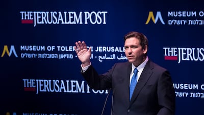 Florida Governor Ron DeSantis gives a speech during a conference at the Museum of Tolerance in Jerusalem in April this year. Getty