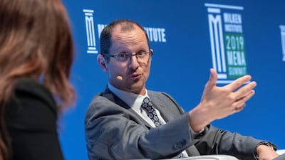 Jeff Maggioncalda, Coursera’s chief executive, talks with Mina Al-Oraibi, editor in chief of The National, during the Milken Institute’s Mena Summit in Abu Dhabi. Antonie Robertson/The National