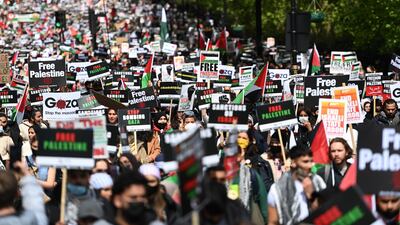 Thousands of protesters attend a Palestine solidarity demonstration in London on May 22, a day after a ceasefire between Israel and Hamas in Gaza was announced. EPA
