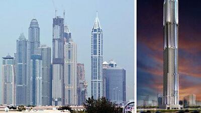 Construction of the Dream Dubai Marina, centre of picture, continues. A rendering of how the 101-storey hotel would look like after being built. Antonie Robertson / The National and Courtesy Sheffield Holdings
