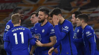 Chelsea's Olivier Giroud, centre, after giving Chelsea the lead. AP