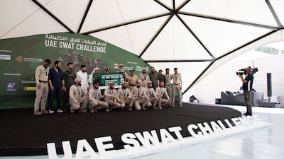 The Chechen team celebrates after a winning drill at the 2023 UAE Swat Challenge at Al Ruwayyah this week. Dubai Police.