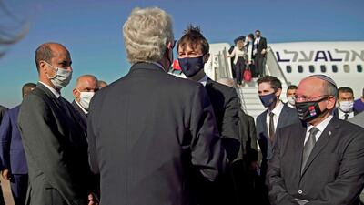 A handout picture released by the US Embassy in Morocco shows US Ambassador David T. Fischer (2nd L) welcoming US Presidential advisor Jared Kushner and Israeli National Security Advisor Meir Ben Shabbat (R) in Moroco's capital Rabat, upon landing of the first Israel-Morocco direct commercial flight, marking the latest US-brokered diplomatic normalisation deal between the Jewish state and an Arab country. AFP