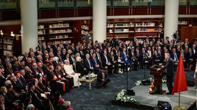 Mr Erdogan addresses the pontiff, diplomats and members of civil society at Nation's Library of the Presidency, in Ankara. Reuters