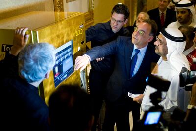 The Gold To Go vending machine at Emirates Palace in Abu Dhabi dispenses 24-karat gold in a range of weights. Andrew Henderson / The National