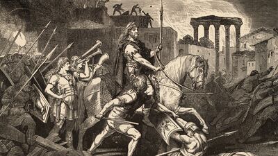 Alaric (370-410 AD), King of the Visigoths. Invaded and raided Piraeus, Corinth, Megara, Argos, Sparta, and sacked Rome. 'Alaric's Entrance Into Rome.' Getty