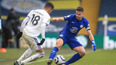 Raphinha of Leeds takes on Cesar Azpilicueta. EPA