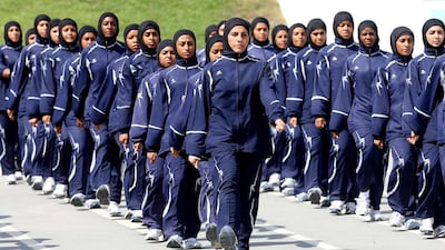 Women candidates train as a part of a six-month programme at the Dubai Police Academy. Satish Kumar / The National