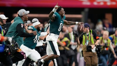 Philadelphia Eagles players celebrate after a win over the Kansas City Chiefs in the NFL Super Bowl 59. AP