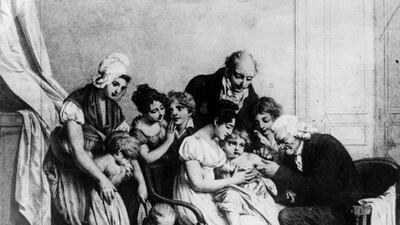Inventor of vaccinations Edward Jenner (1749-1823) vaccinates his son. Hulton Archive / Getty Images