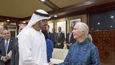 Sheikh Mohammed bin Zayed, who was Crown Prince of Abu Dhabi at the time, thanks Dr Jane Goodall after her lecture at Al Bateen Palace. Ryan Carter / Crown Prince Court