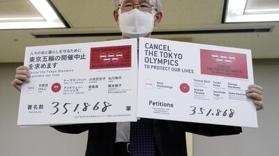 Kenji Utsunomiya, a Japanese lawyer and former Tokyo gubernatorial candidate, poses with a campaign slogan Stop Tokyo Olympics, after handing the petitions to the Tokyo Metropolitan Government in Tokyo. Reuters