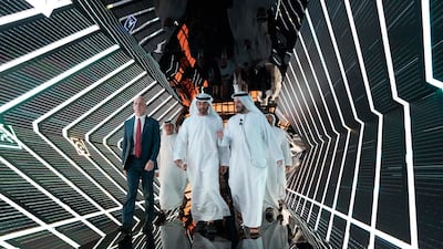 Sheikh Mohamed bin Zayed, Crown Prince of Abu Dhabi and Deputy Supreme Commander of the UAE Armed Forces, centre, with Faisal Al Bannai, right, at the launch today of Edge. Hamad Al Mansoori for the Ministry of Presidential Affairs