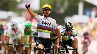 World Road Race Champion Mark Cavendish of Great Britain and Team Sky celebrates winning stage two. Bryn Lennon / Getty Images