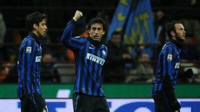 Diego Milito celebrates his second goal for Inter Milan in their 5-0 win over Parma.